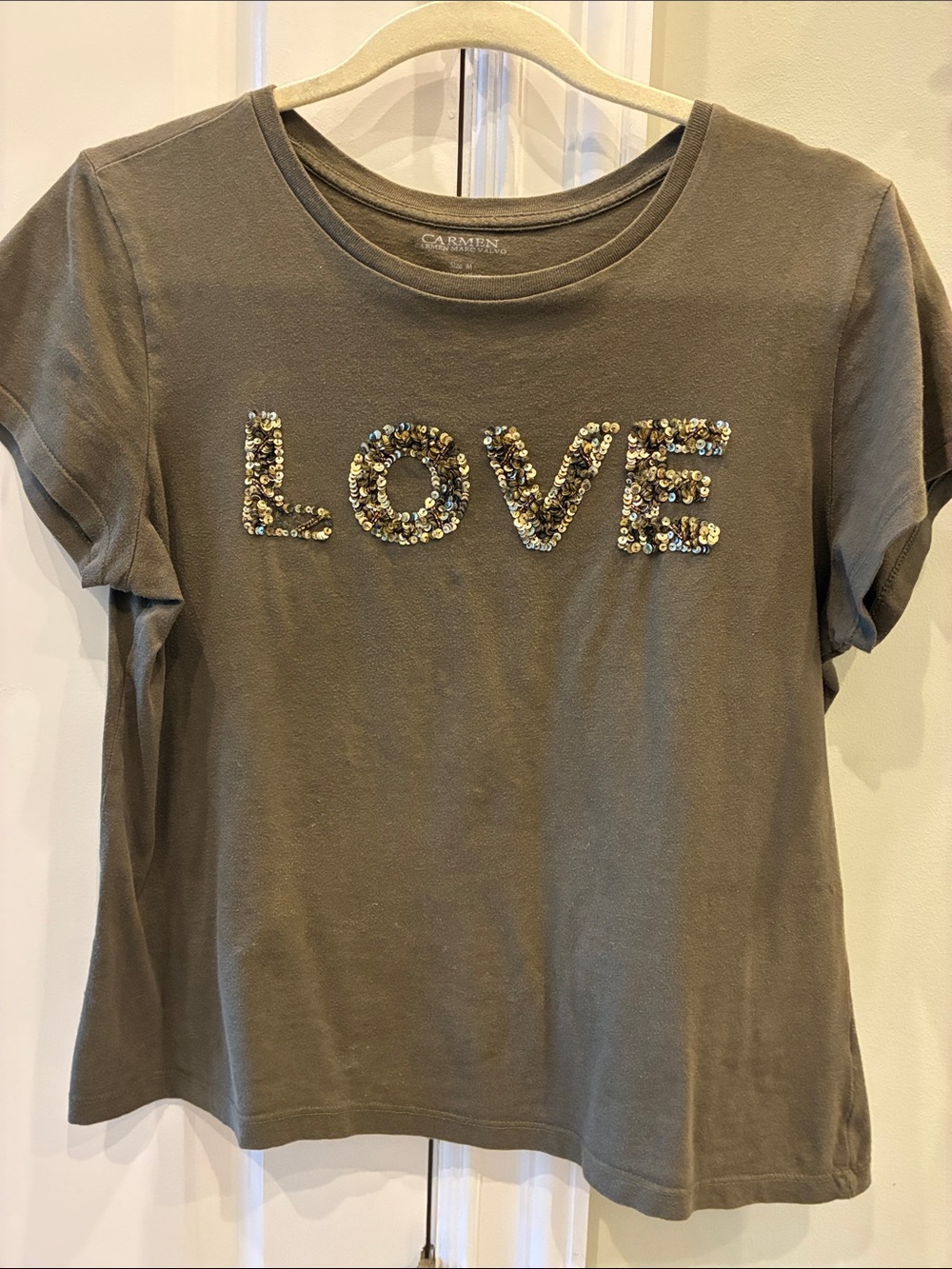 Carmine Olive Green Short Sleeve Tee with Sequin 'LOVE'